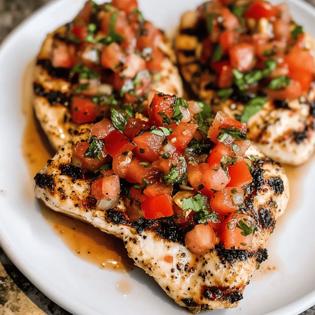 Make dinner a breeze with this 30-minute Grilled Bruschetta Chicken! Juicy chicken breasts topped with fresh tomatoes, basil, and a drizzle of balsamic glaze come together for a delicious meal. Perfect for busy weeknights or gatherings with friends! Save this recipe to enjoy a quick and tasty dinner option anytime.