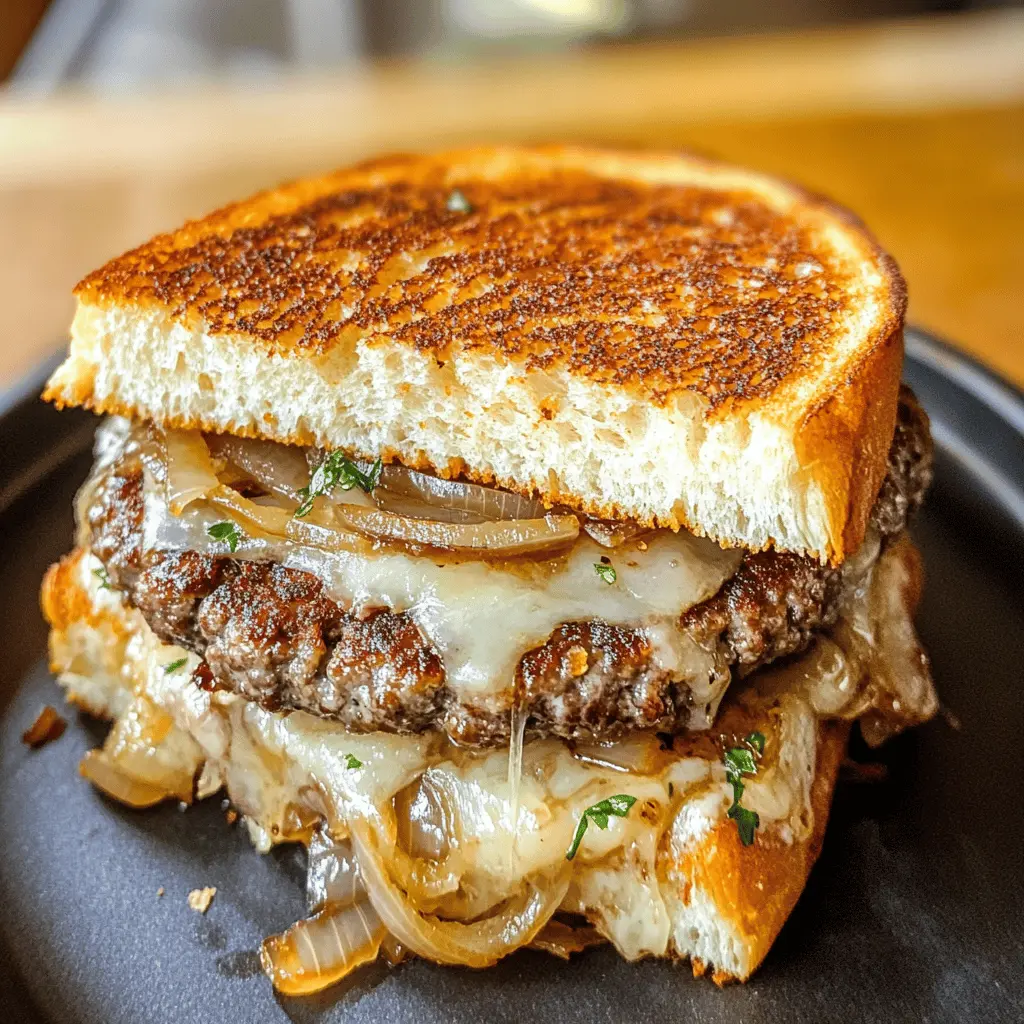 Satisfy your taste buds with these delicious Patty Melts featuring caramelized onions! Perfectly seasoned beef patties are grilled to perfection, paired with gooey cheese and sweet, caramelized onions all sandwiched between toasted bread. Ideal for weeknight dinners or casual gatherings. Save this tasty recipe to bring flavor to your next meal!