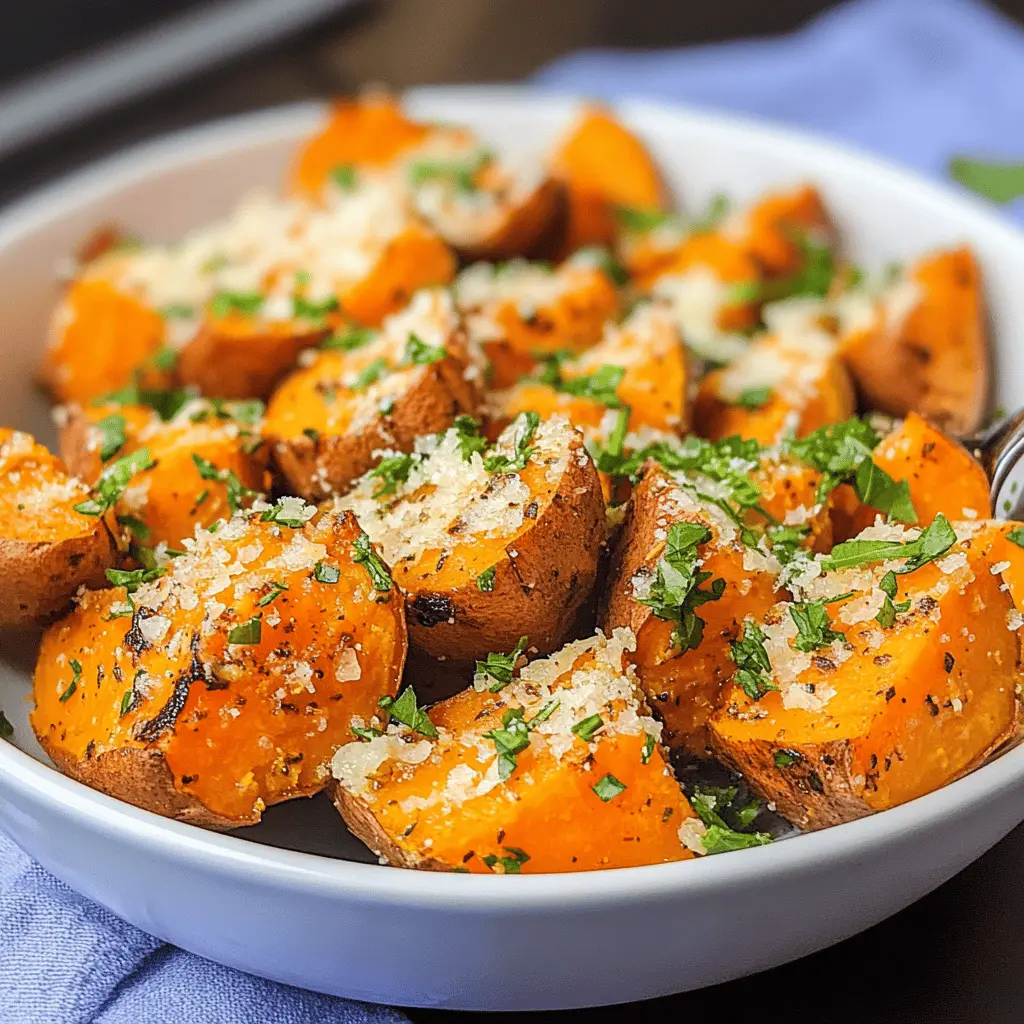 These savory sweet potatoes are bursting with flavor from parmesan and fresh herbs. Perfectly roasted, they make a delicious side dish for any meal or a tasty snack on their own. You'll love how easy they are to prepare! Save this recipe now for your next family gathering or dinner party!