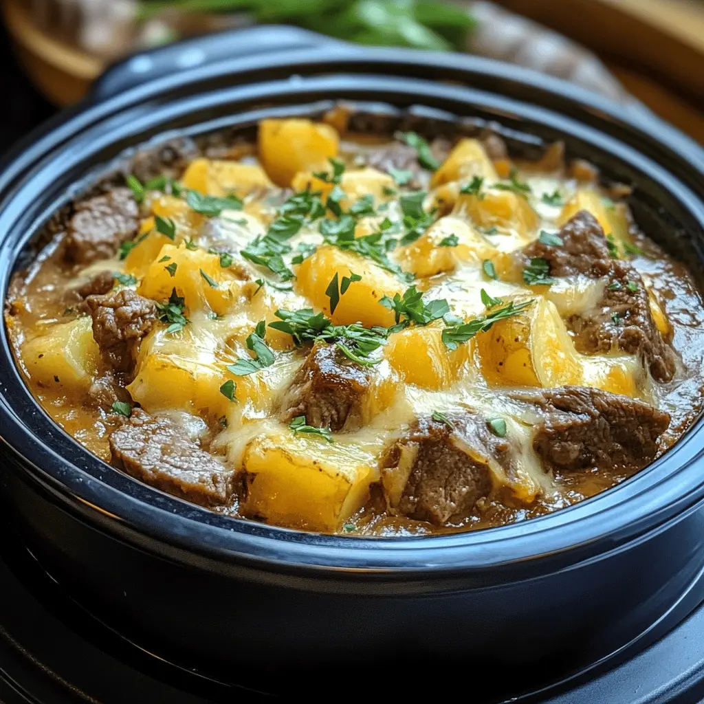 Easy Slow Cooker Steak and Cheddar Potato Casserole