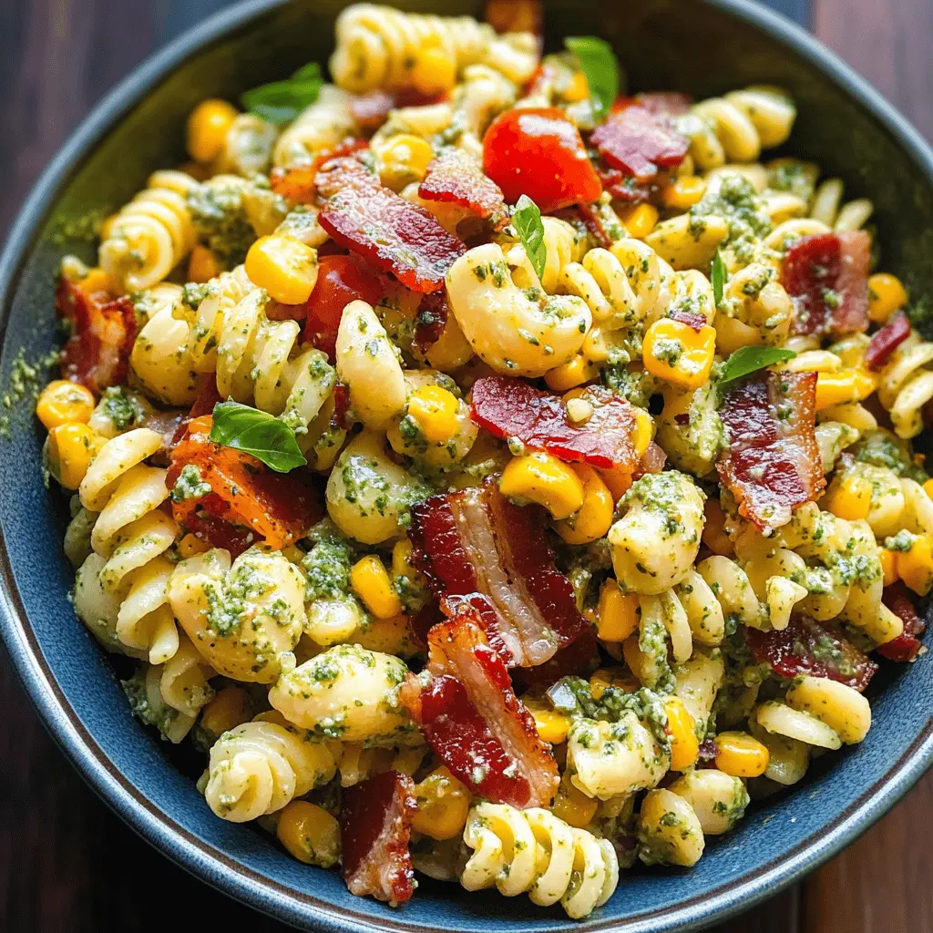 Easy Corn Pasta Salad with Bacon and Creamy Pesto