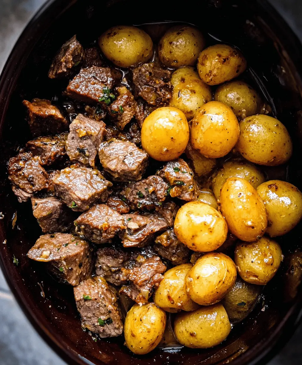 Slow Cooker Garlic Butter Beef Bites with Potatoes