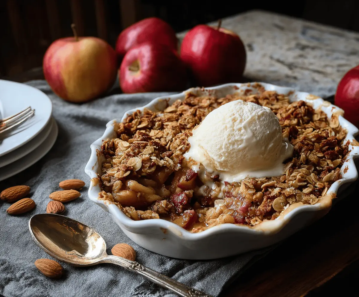 Delicious homemade almond apple crisp topped with toasted almonds and cinnamon, served in a baking dish