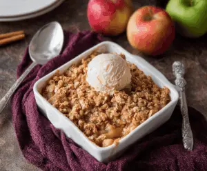 Delicious Apple Cider Glazed Apple Crisp with golden-brown topping and fresh apple slices, perfect for fall desserts