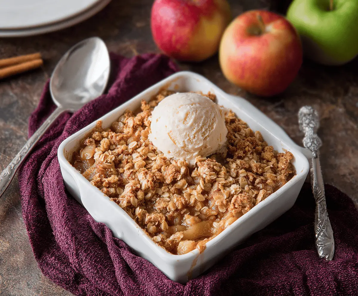 Delicious Apple Cider Glazed Apple Crisp with golden-brown topping and fresh apple slices, perfect for fall desserts