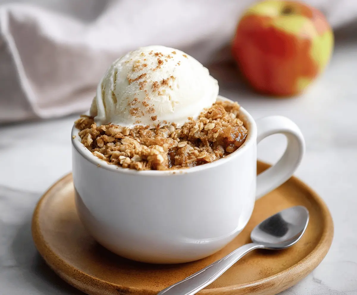 Delicious homemade apple crisp served in a mug with warm cinnamon and caramel apple slices