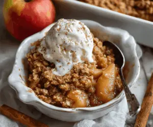 Delicious homemade apple pear crisp with golden-brown topping, served in a rustic baking dish, perfect for a cozy dessert