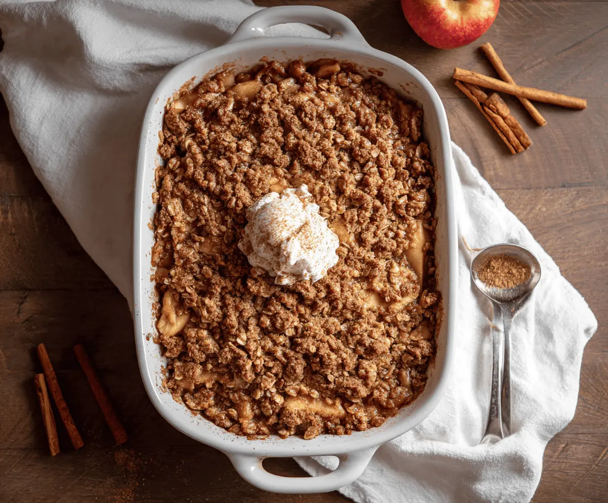 Delicious homemade cinnamon apple crisp topped with golden oats and warm cinnamon, served in a rustic bowl.