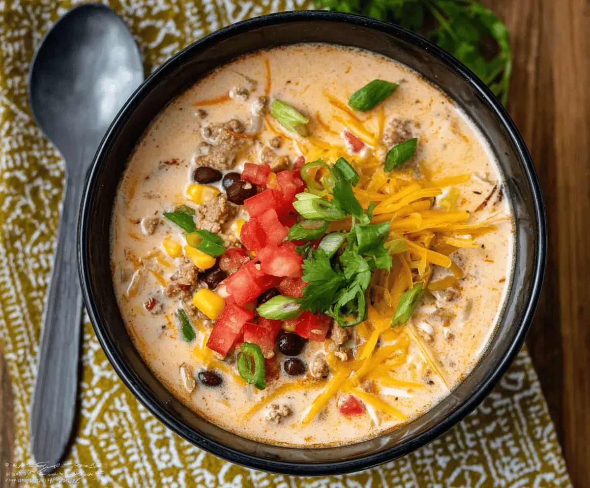 Creamy Taco Soup in a bowl topped with shredded cheese, sour cream, chopped cilantro, and tortilla chips, served hot and ready to enjoy.