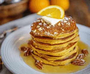 Fluffy orange pumpkin pancakes topped with syrup and cinnamon, served on a white plate with fresh orange slices, perfect for a cozy breakfast.