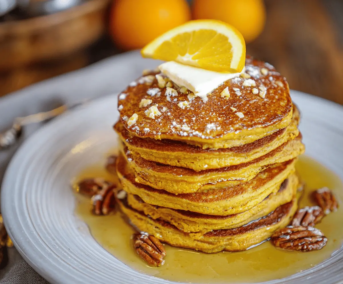 Fluffy orange pumpkin pancakes topped with syrup and cinnamon, served on a white plate with fresh orange slices, perfect for a cozy breakfast.
