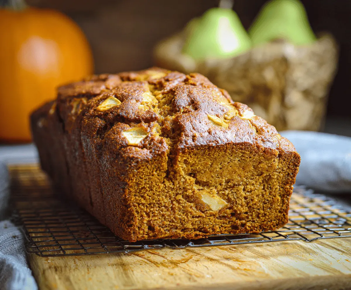 Fresh homemade Pumpkin Apple Bread loaf with sliced apples and pumpkin seeds on top, perfect for fall baking.
