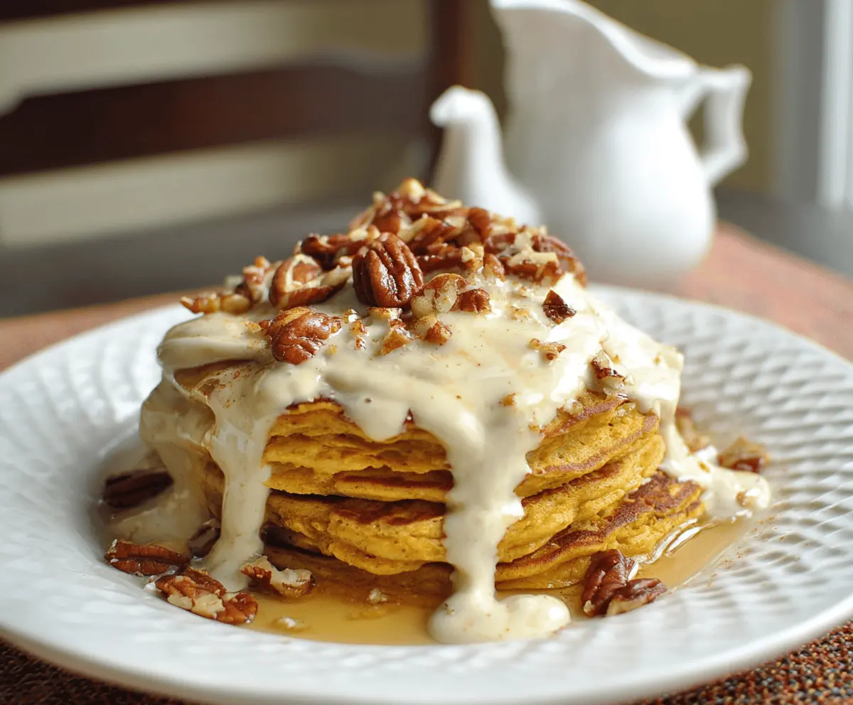 Fluffy pumpkin cream cheese pancakes topped with whipped cream and cinnamon, served with maple syrup on a autumn-themed plate