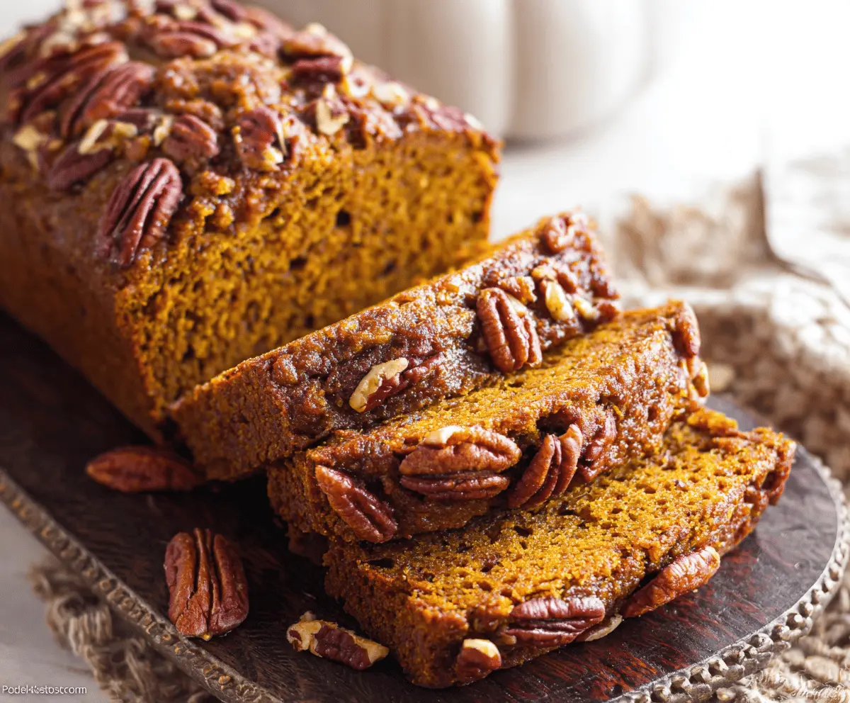 Golden Pumpkin Pecan Bread sliced on a rustic wooden board with toasted pecans and a drizzle of glaze, perfect for fall baking.