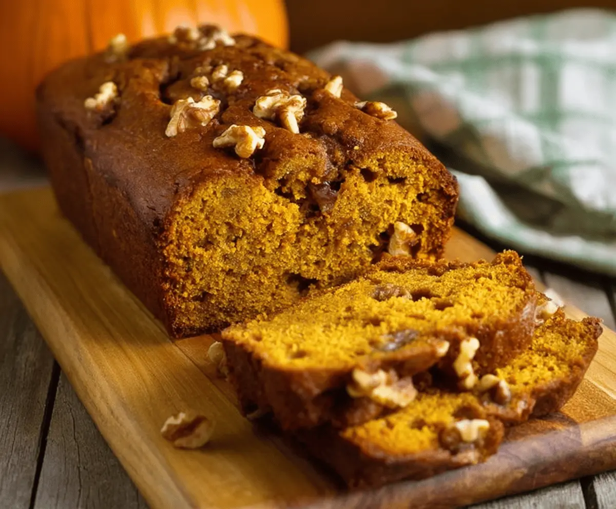 A sliced pumpkin walnut bread loaf topped with chopped walnuts, showcasing its moist texture and hearty ingredients, perfect for fall baking.