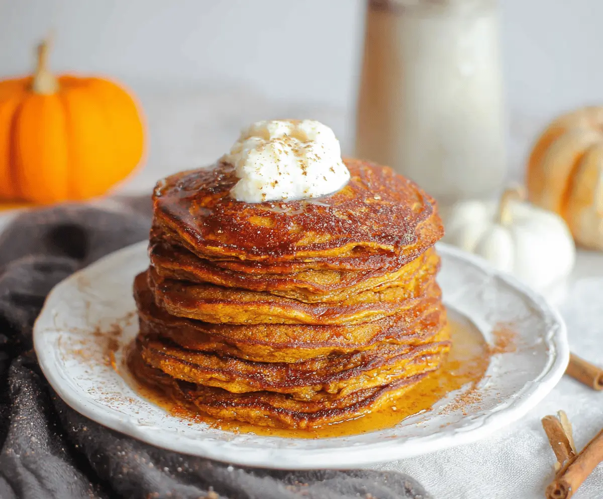Delicious homemade sourdough pumpkin pancakes topped with fresh whipped cream and cinnamon, perfect for fall breakfast