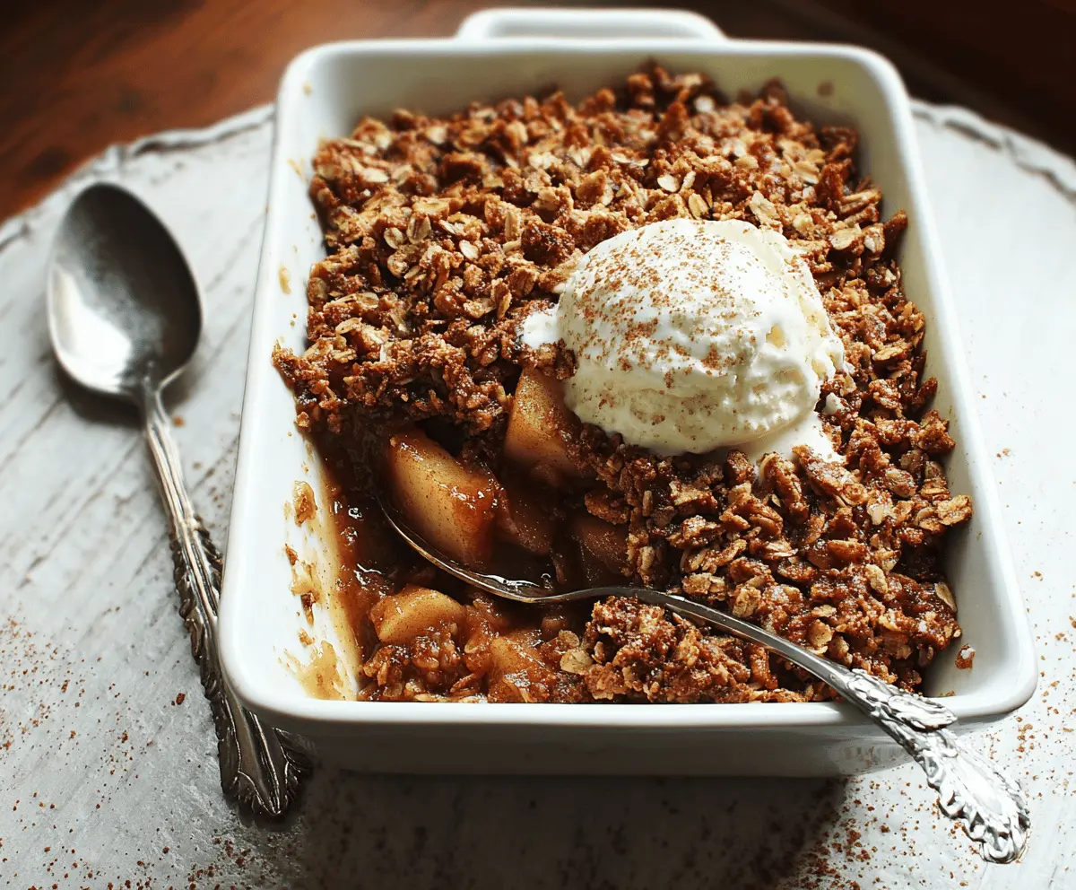 Delicious vegan apple crisp with cinnamon topping and fresh apple slices in a baking dish
